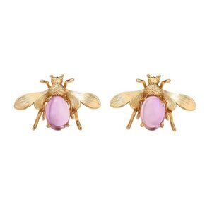 Bee Bug Earrings Pierced Purple Cabochon Gold Tone Chandelier New
